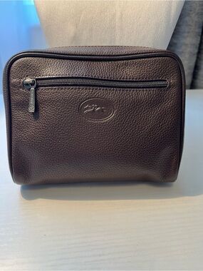 Longchamp Le Foulonne Dark Brown Pebbled Leather Wide Belt Pouch Cosmetic Case